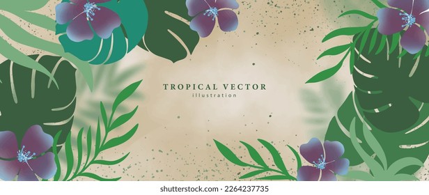 Summer vector tropical illustration with palm leaves, flowers, monstera leaves for decor, covers, design and creativity