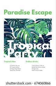 Summer vector tropical party flyer design with green monstera palm leaves. Space for text.