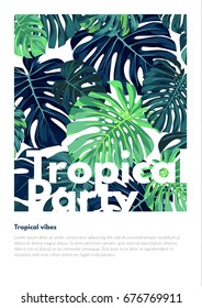 Summer vector tropical party flyer design with green monstera palm leaves. Space for text.
