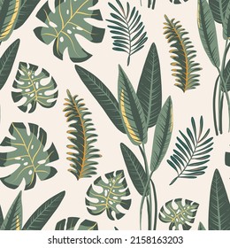 Summer vector tropical seamless pattern. Exotic monstera green leaves texture