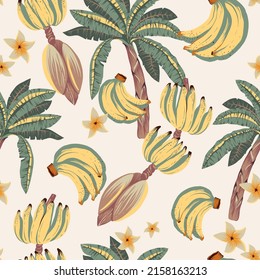 Summer vector tropical seamless pattern. Exotic flowers, palm trees, banana