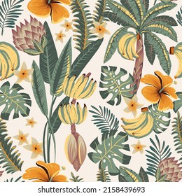 Summer vector tropical seamless pattern. Exotic flowers, palm trees, banana, monstera green leaves floral texture