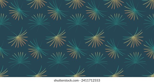 Summer vector tropical seamless pattern with palm leaves on a dark turquoise background.