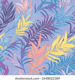 Summer vector tropical seamless pattern with colorful palm leaves