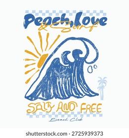 Sommervektor. Tropical Surfing Strand Grafik in Vektorgrafik. Pfirsich, Liebe und Surf-Slogan. Vintage T-Shirt Design. Mädchen T-Shirt-Design. handgemachte Schrift