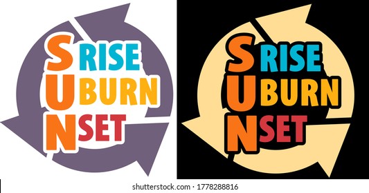 Summer vector t-shirt design with decorated phrase "Sunrise Sunburn Sunset" with repeat sign. Perfect for summertime and beaching shirt design. 