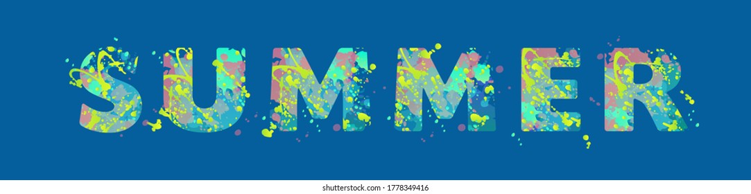 Summer. Vector typography inscription with multicolored spots of paint on a blue background, design for banner, flyer, tag, decoration, poster or invitation, label for summer fashion collection.