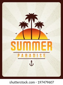 Summer vector typography poster design. Summer beach vacation and tropical paradise watercolor vector poster or background. 