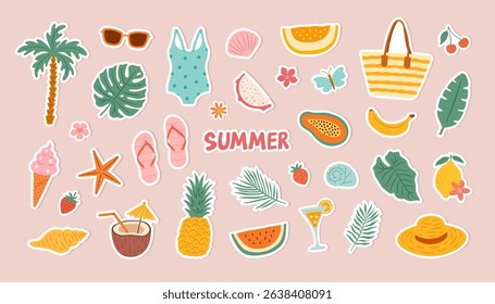Summer vector vacation beach stickers with fruits, tropical leaves, beach elements