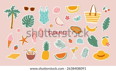 Summer vector vacation beach stickers with fruits, tropical leaves, beach elements