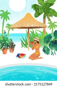 Summer vector vacation concept. Beautiful girl with fruit beside water pool. Vector hand drawn illustration with palm trees, tropical beach, pool and woman. Collage with watercolor texture