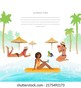 Summer vector vacation concept. Girl floating on a yellow beach mattress. Beautiful women on a tropical beach. Ttravel template with palm trees, beach, women and place for text