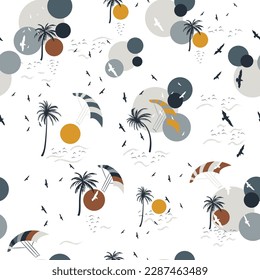 Summer vector vacation pattern with palms, birds, sun and waves