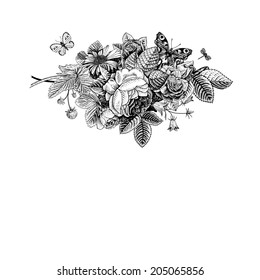 Summer vector vintage card with black and white floral bouquet of garden roses, strawberries, bells. Monochrome. Illustration, ink, pen.