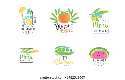 Summer Vegan Eating and Vegetarian Menu Logo Design Vector Set