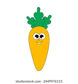 Summer Vegetable Carrot. Retro groovy character patch. Trendy sticker with funky comic mascot. Vector illustration 60s, 70s style. 