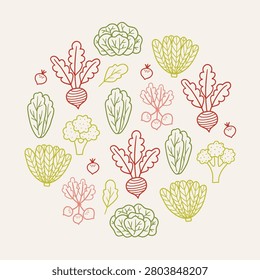 Summer vegetable greeting card with radish, lettuce, leafy salad and broccoli on white background. Round ornament. Perfect for food branding and kitchen decor. Vector outline illustration.