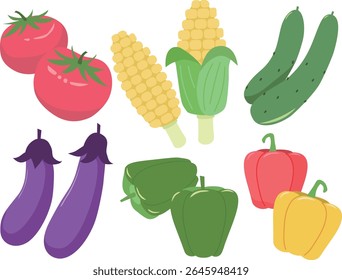 Conjunto de ilustração vegetal de verão: tomate, milho, pepino, berinjela, pimenta, páprica, ilustração vetorial