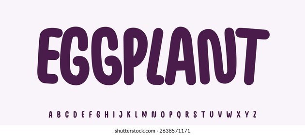 Summer vegetable lettering, Eggplant joyful title, rounded playful font for bright kid fresh product headline, friendly logo. Childish typographic design. Packaging typography. Vector typeset