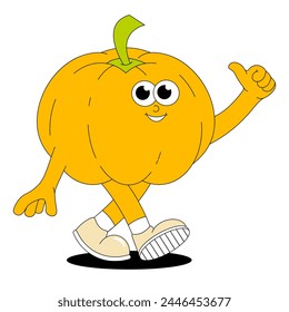 Summer Vegetable Pumpkin. Retro groovy character patch. Trendy sticker with funky comic mascot. Vector illustration 60s, 70s style.