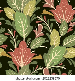 Summer vegetable seamless pattern. Beautiful ornament with interlacing branches and flowers on a dark background. Nicely. Flatly symbolic style. Country wild herbs. Vector
