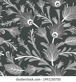 Sommergemüse nahtloses Muster. Blätter. Schönes Ornament mit interlacing Äste und Blumen auf dunklem Hintergrund. Flatly symbolischer Stil. Land. Vektorgrafik