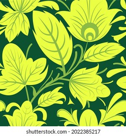 Summer vegetable seamless pattern. Nice. Beautiful ornament with interlacing branches and flowers on dark background. Flatly symbolic style. Vector