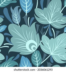 Summer vegetable seamless pattern. Nice. Beautiful ornament with interlacing branches and flowers on dark background. Flatly symbolic style. Vector.
