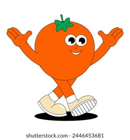 Summer Vegetable Tomato. Retro groovy character patch. Trendy sticker with funky comic mascot. Vector illustration 60s, 70s style