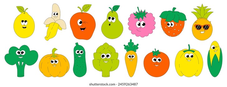 Verduras y frutas de verano. Pegatina y parche retro groovy. Personajes cómicos. Ilustración vectorial. 