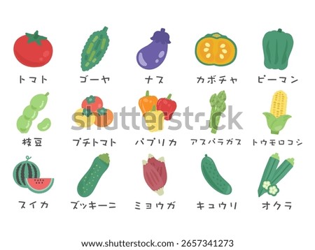 Summer vegetables illustration set material translation: Tomato, eggplant, pumpkin, green pepper, bitter melon, edamame, cherry tomato, asparagus, corn, watermelon, zucchini, ginger, cucumber