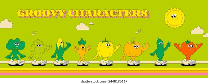 Summer Vegetables. Retro groovy banner. Comic characters carrot, pepper, pumpkin, cucumber and more. Vector illustration.