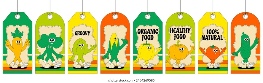 Summer Vegetables. Retro groovy labels and patch. Comic characters cucumber, broccoli, artichoke and more. Vector illustration. 