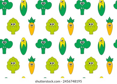 Summer Vegetables. Retro groovy seamless pattern. Vintage funny comic characters. Vector illustration. 