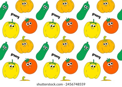 Summer Vegetables. Retro groovy seamless pattern. Vintage funny comic characters. Vector illustration. 