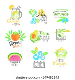 Summer vegetarian menu set for logo design. Collection of colorful Illustrations