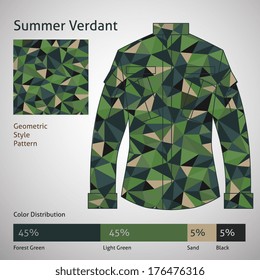 Summer Verdant Camouflage Jacket,  geometric triangle tile pattern. Vector Illustration