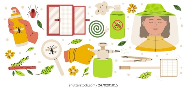 Juego de control de insectos y plagas de verano. Concepto de medidas de protección. Ilustración vectorial plana aislada sobre fondo blanco.