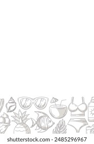Summer vertical a4 poster, beach elements and accessories icons, minimalist monochrome gray. Bottom border frame, copy space, isolated on white. For card, flyer, banner, invitation, social media