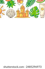 Vertical de verano a4 póster, Elementos de playa y accesorios iconos. Marco de borde superior, espacio de copia, aislado en blanco. Castillo de arena, concha, protector solar. Para tarjeta, volante, Anuncio, invitación, redes sociales