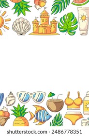 Summer vertical a4 poster, colorful beach elements, accessories icons. Upper and bottom border frame, copy space, isolated on white. For card, banner, invitation, social media, planner or cover