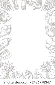 Póster de Vertical de verano a4, Elementos de playa monocromos minimalistas, accesorios iconos. Marco de borde, espacio de copia, aislado en blanco. Para tarjeta, Anuncio, invitación, redes sociales, planificador o portada