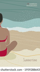 Summer vertical background with one person with bikini sitting on the beach enjoying. Tan skin picture in abstract, simple and flat style and muted colors with the ocean water and sand at the back. 