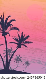 Summer vertical background, silhouette of palm trees on beach. Tropical dusk landscape. Vector illustration