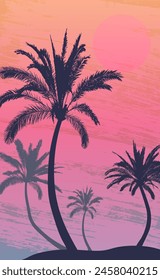 Summer vertical background, silhouette of palm trees on beach. Tropical dusk landscape. Vector illustration