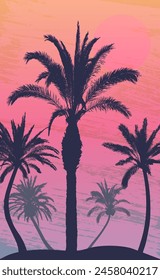 Summer vertical background, silhouette of palm trees on beach. Tropical dusk landscape. Vector illustration