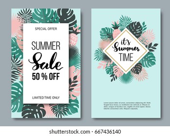 Summer vertical banner set with paper tropical leaf. Vector illustration