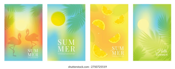 Summer vertical banner set with tropical themes. Four minimalist posters featuring blurred gradients, flamingo silhouettes, palm leaves, and lemon slices. Soft modern style for seasonal marketing.