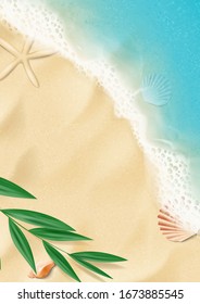 Summer vertical banner with top view on beach. Top view on ocean beach with soft waves and tropical leaf. Beautiful background with seashells on sea sand. Vector illustration.