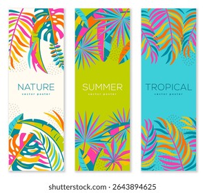 Summer vertical banners set, palm beach cards, abstract tropical leaves poster. Vector illustration. Jungle exotic minimal flyer, brochure voucher template. Place for text. Fashion Bali background